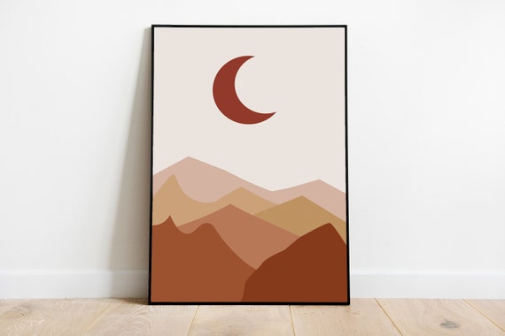 Boho Landscape And Moon Art Boho Moon Print Moon And Landscape Wall Art Minimalist Moon Poster Moon And Horizon Art Lunar Boho Decor