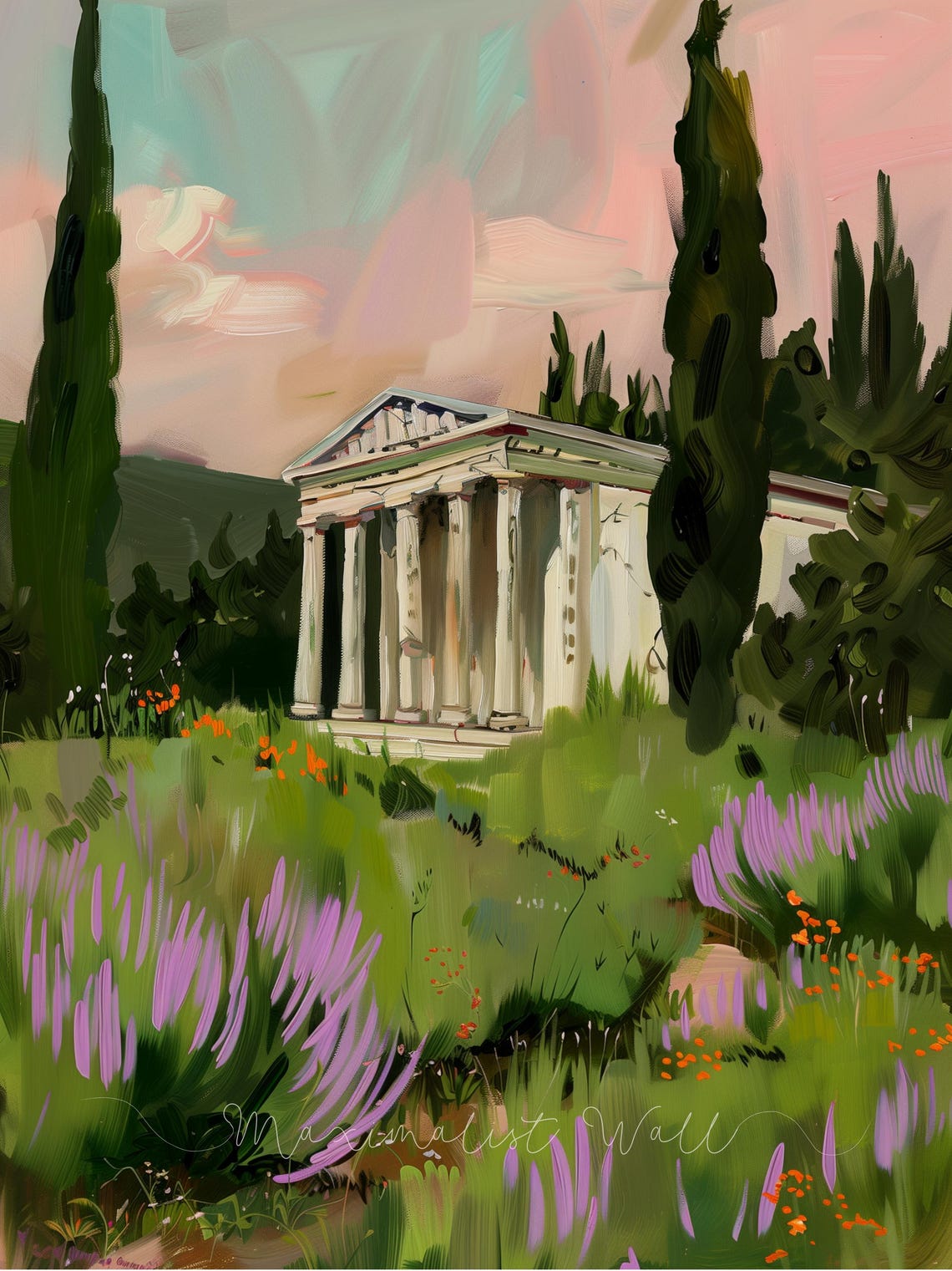 Ancient Greek Temple Standing Tall in a Wildflower Field Poster