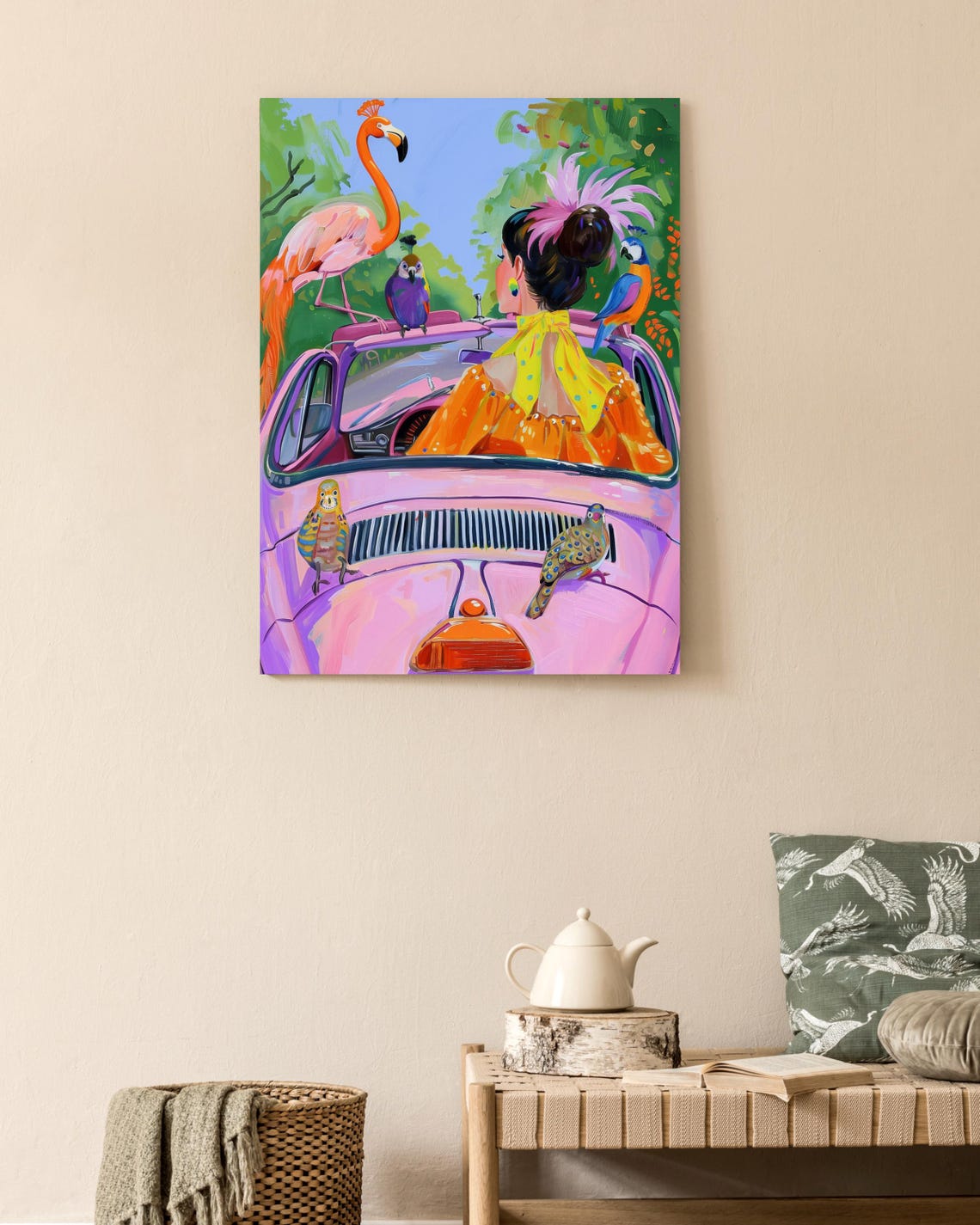 Lady Driving a Pink Convertible with Her Flamingo Co-Pilot Poster - Image 2