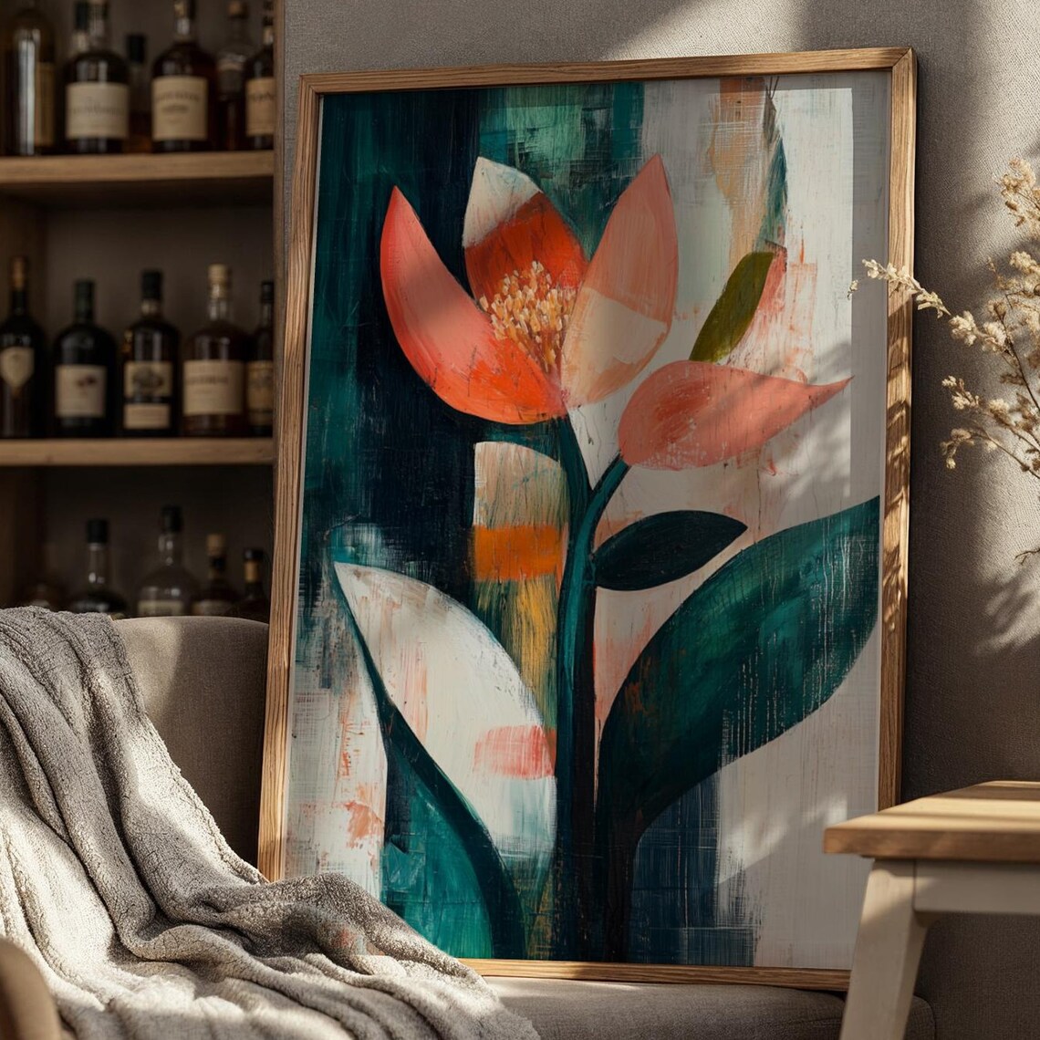 Abstract Floral Oil Painting Print Midcentury Modern Botanical Art
