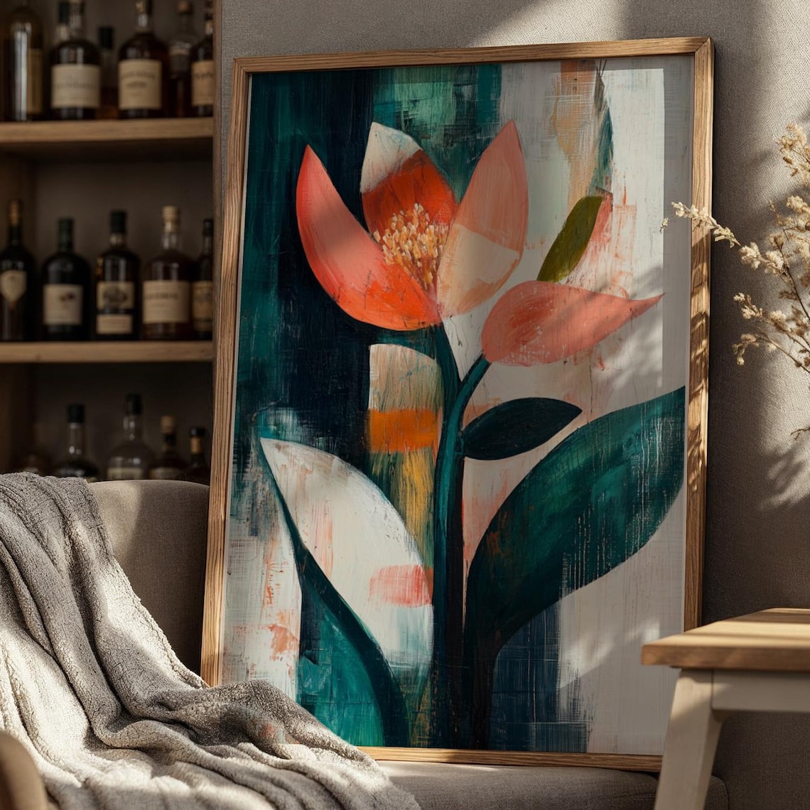 Coral Bloom Abstract Floral Oil Painting Teal Botanical Wall Art