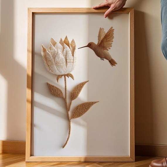 Hummingbird Flower Art Print Gold Botanical Scandinavian Decor 5x7 Ratio