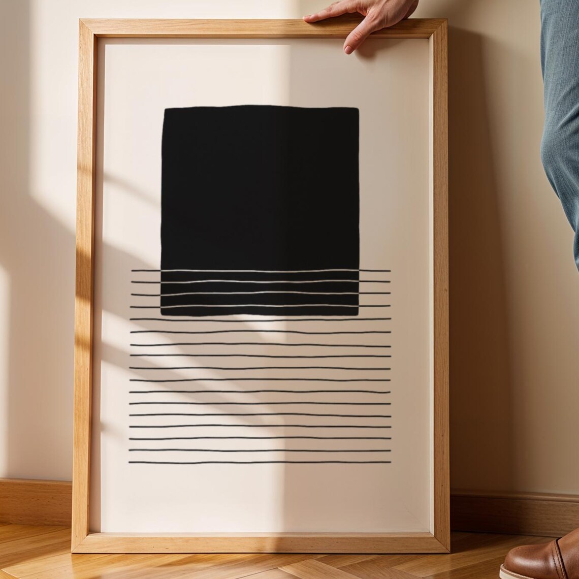 Geometric Abstract Line Art Print Beige Black Midcentury Modern