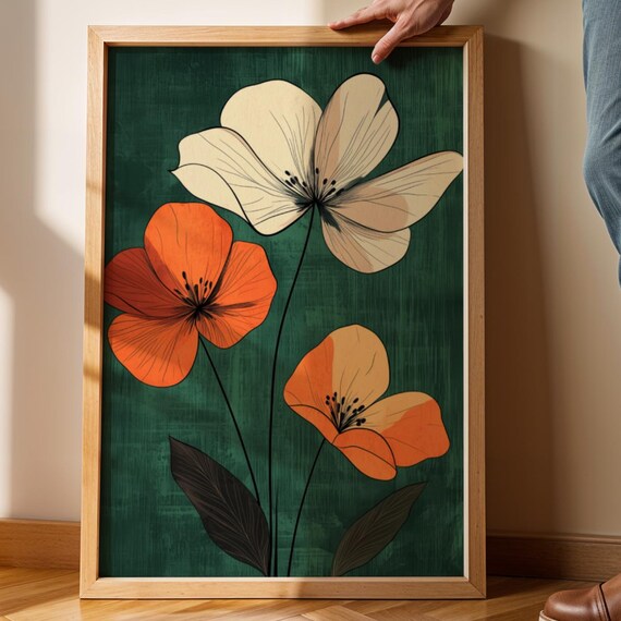 Minimalist Botanical Line Art Print Emerald Green Abstract Flower