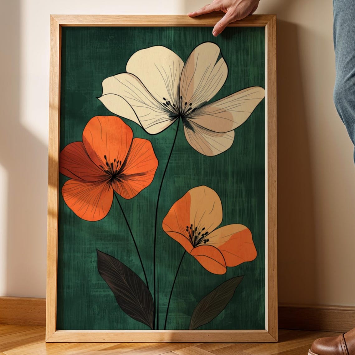 Minimalist Botanical Poppy Line Art Print Emerald Cream Terracotta