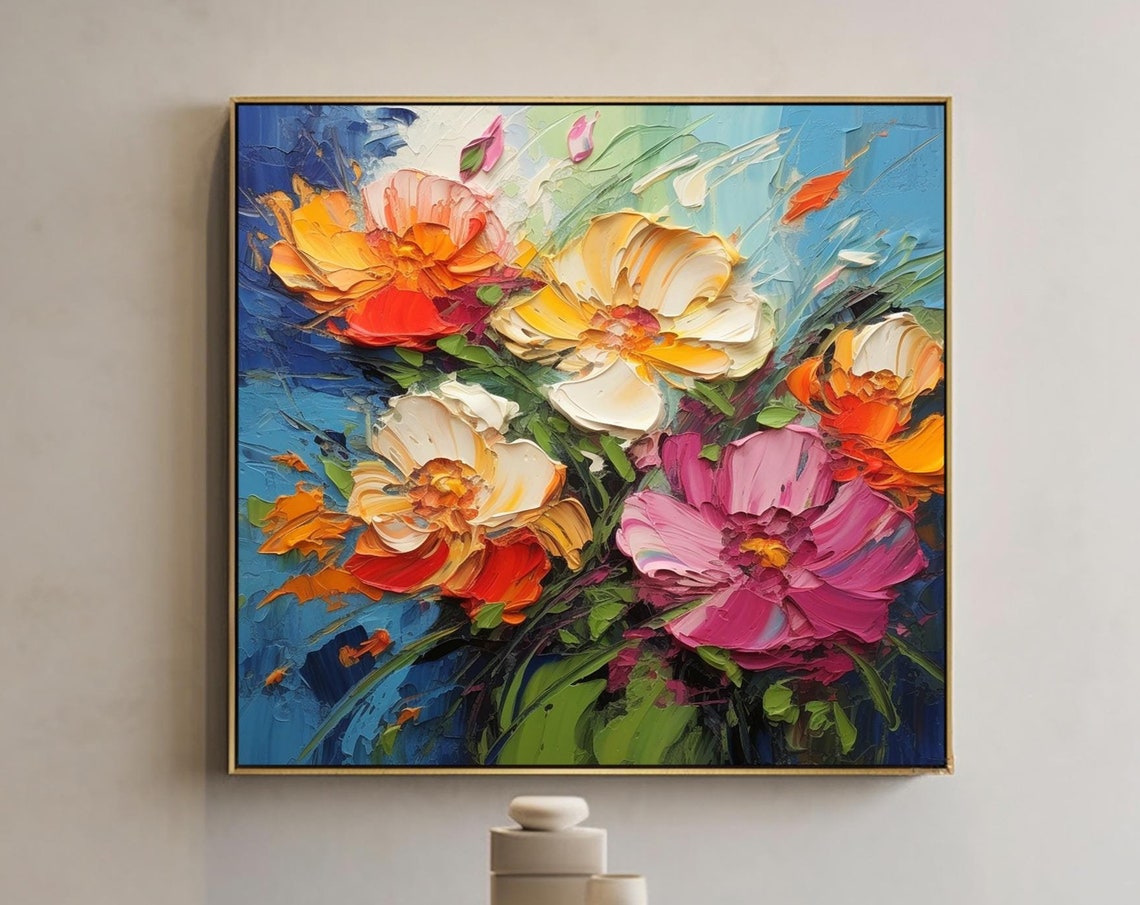Large Abstract Colorful Flower Oil Painting Flower Custom Painting Floral Acrylic Painting Floral Textured Wall Art Living Room Wall Art