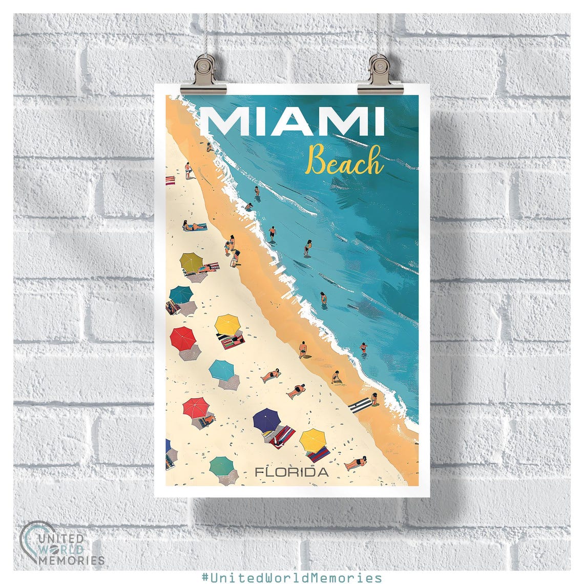 Miami Beach Florida Aerial Umbrella Scene Retro Travel Poster - Image 5