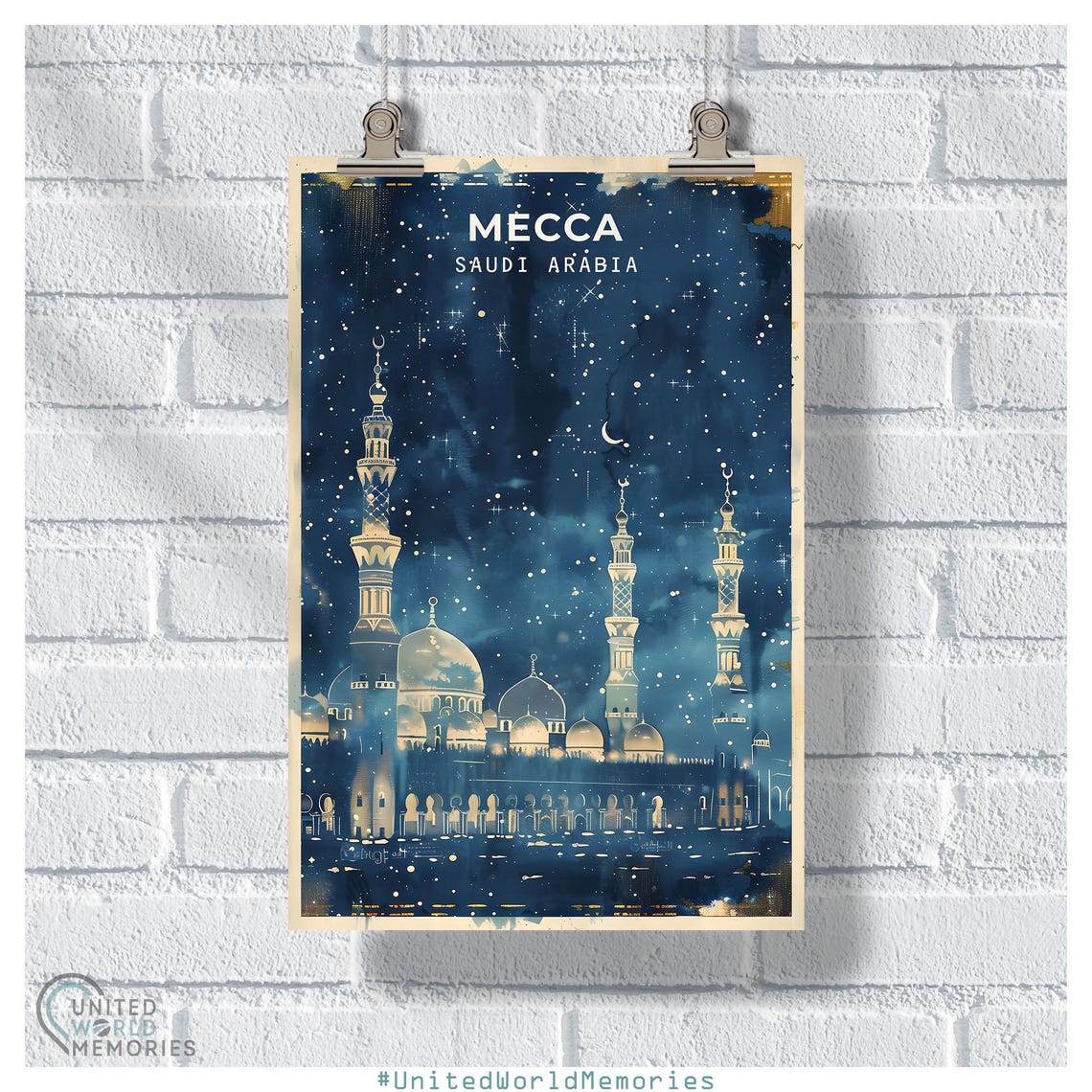 Mecca Saudi Arabia Starry Night Mosque Glowing Crescent Moon Poster