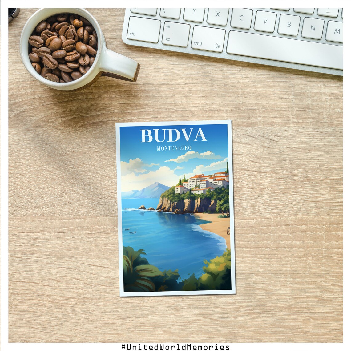 Budva Montenegro Sveti Stefan Island Shore Vintage Travel Poster - Image 4