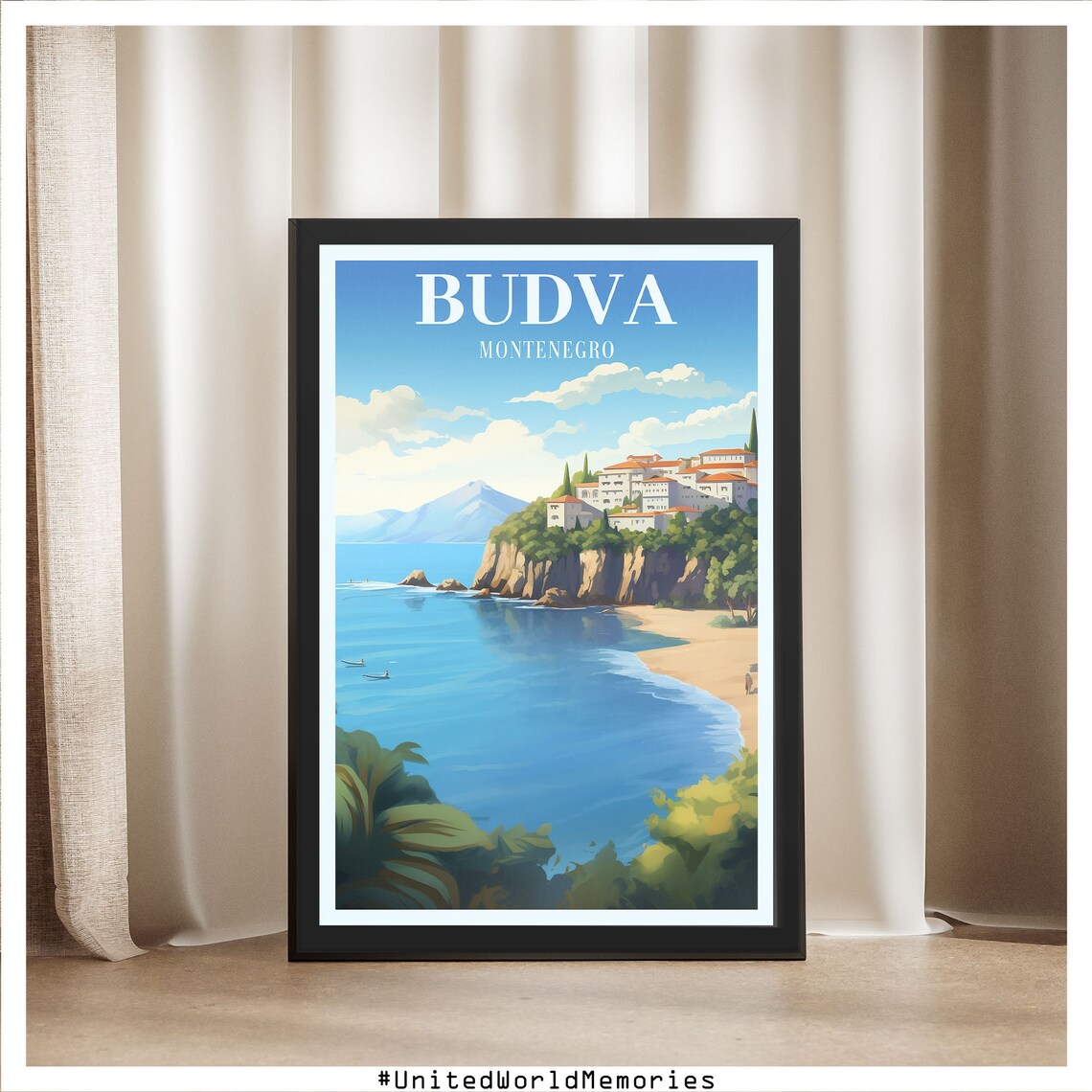 Budva Montenegro Sveti Stefan Island Shore Vintage Travel Poster - Image 5