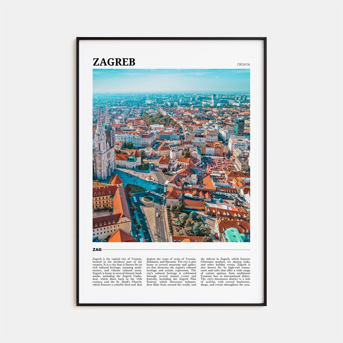 Zagreb Croatia Old Town Rooftops Cathedral Aerial View Travel Poster