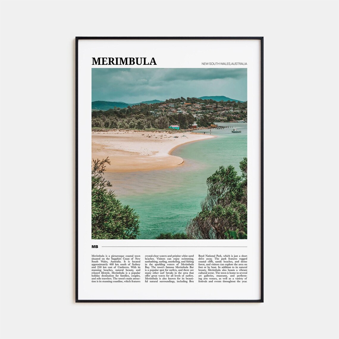 Merimbula Australia Travel Poster Curved Beach Teal Water Coast View
