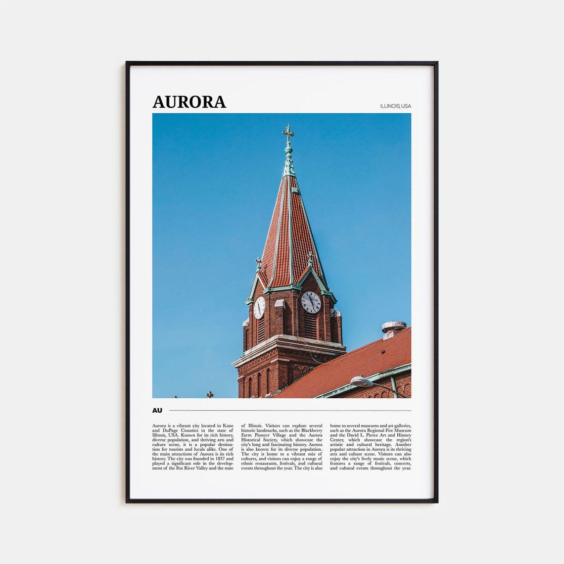 Aurora Illinois Historic Brick Church Steeple Clock Tower Poster