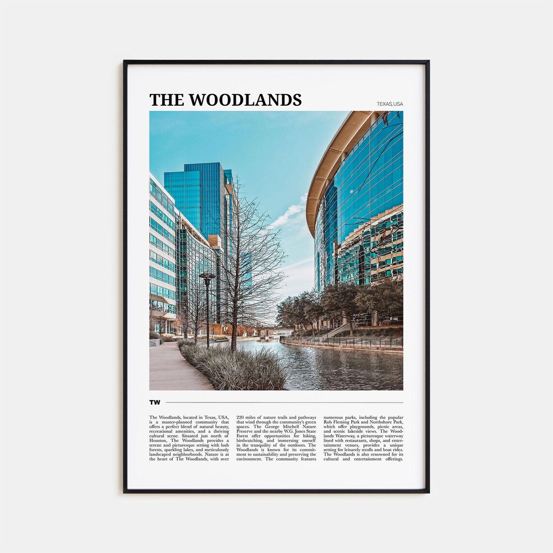 The Woodlands Texas Modern Glass Towers Waterway City Travel Poster