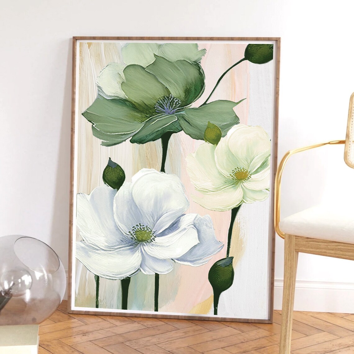 Sage Green and White Poppies with Buds Soft Floral Oil Painting Poster