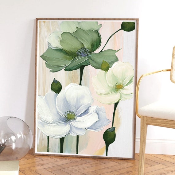 Sage Green Wall Art Botanical Prints Poppies Floral Oil Print Master Bedroom Decor
