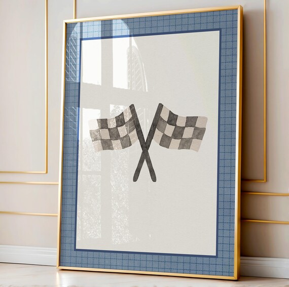 Crossed Checkered Racing Flags Framed by Navy Grid Border Sports Poster