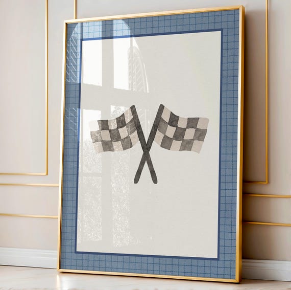 Retro Checkered Flags Wall Art Navy Blue Sports Nursery Print Boys Room Playroom Decor Eclectic Gallery