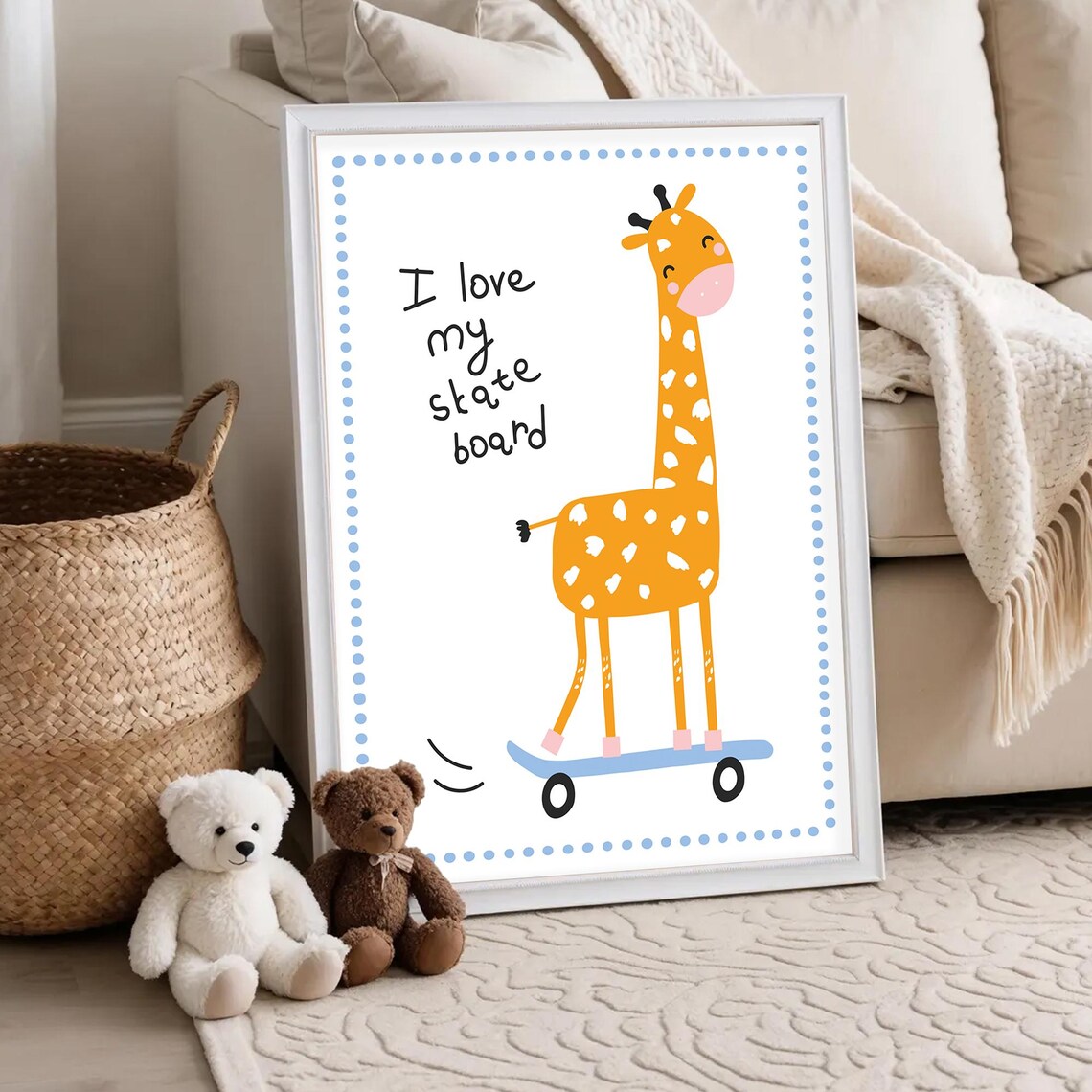 I Love My Skateboard Giraffe Kids Room Funny Animal Art Poster