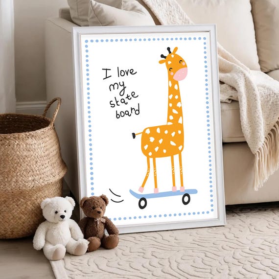 Skating Giraffe Wall Art Gender Neutral Nursery Poster Modern Toddler Playroom Scandinavian Animal Decor L