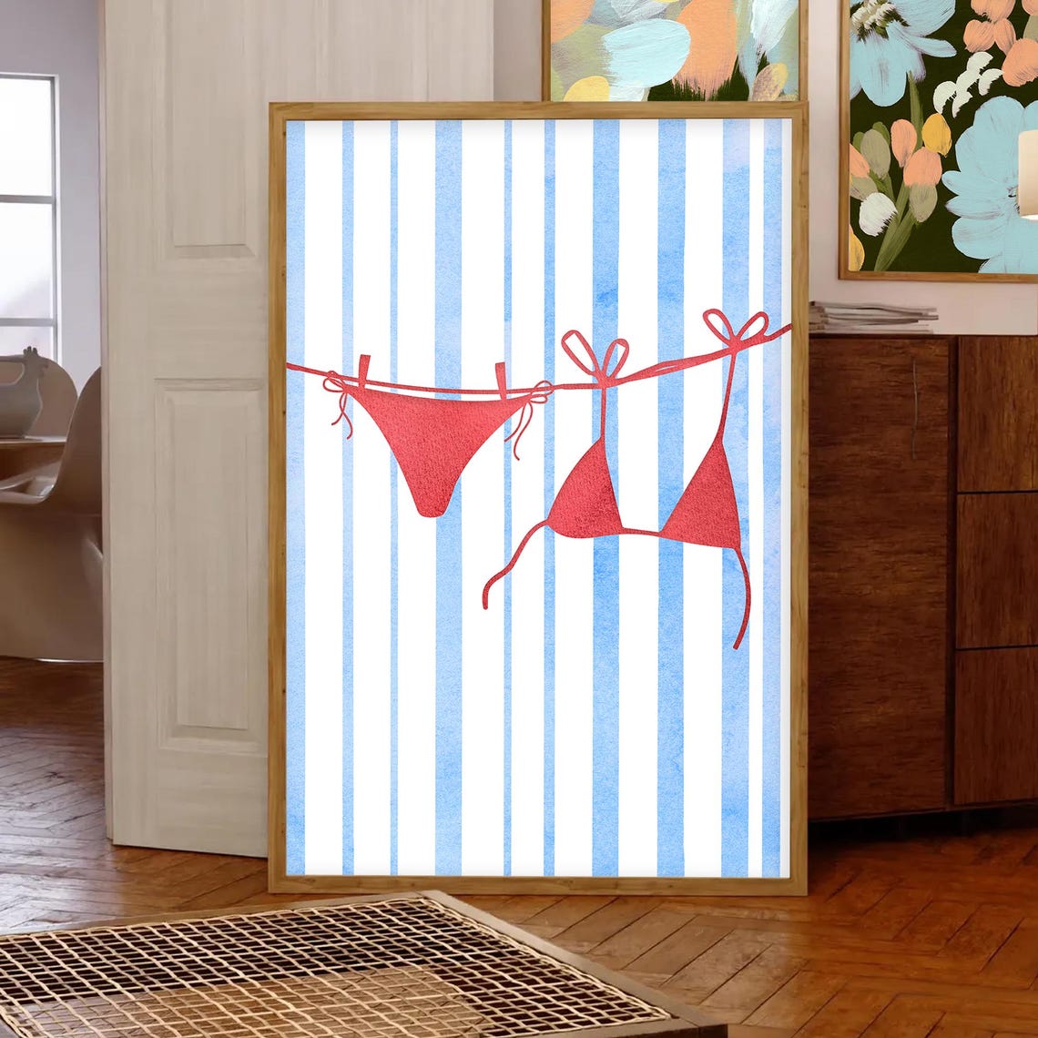Red Bikini Clothesline Coastal Striped Summer Beach Art Poster