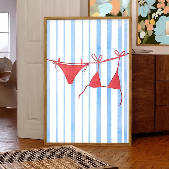 Red Bikini Clothesline Coastal Striped Summer Beach Art Poster