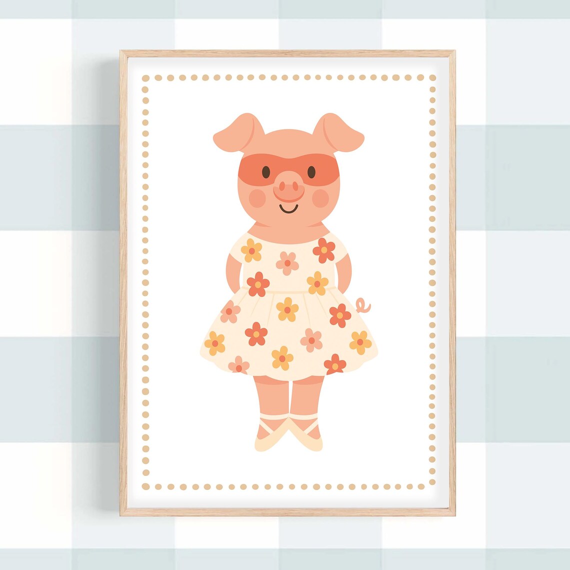 Piggy Girl In Floral Dress Vintage Style Cute Nursery Poster