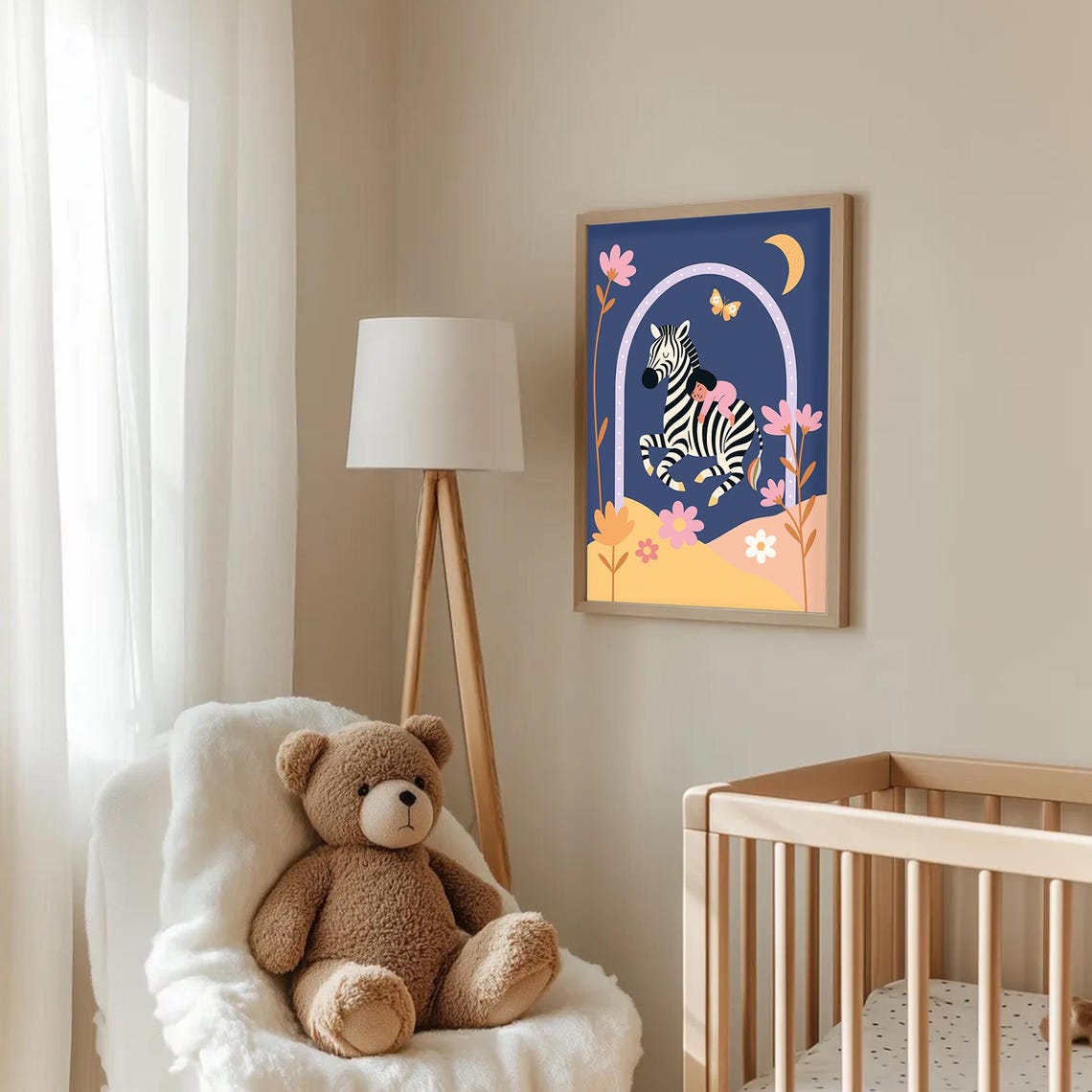 Sleeping Child on Zebra Moonlit Night Dreamy Kids Nursery Poster