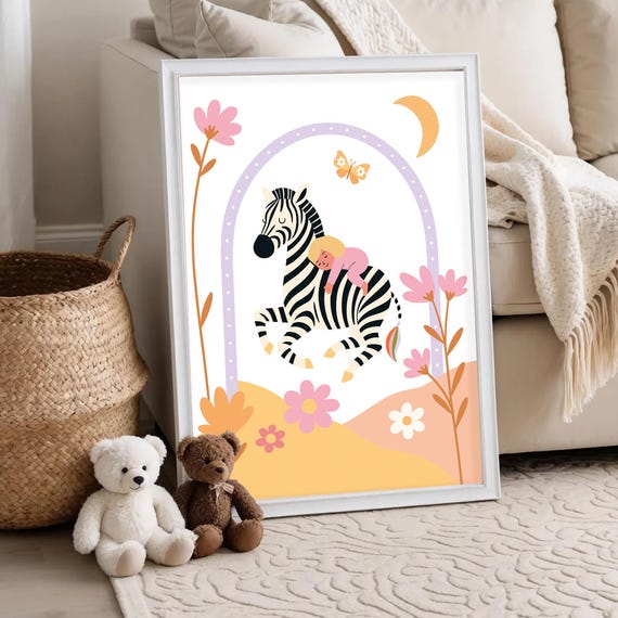 Sleeping Girl With Zebra Poster Kids Room Wall Art Modern Nursery Animal Print For Baby Or Toddler Playroom Decor