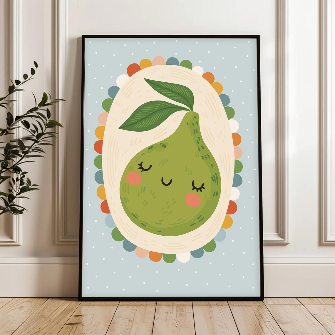 Smiling Green Pear Whimsical Fruit Nursery Kids Room Playful Wall Poster