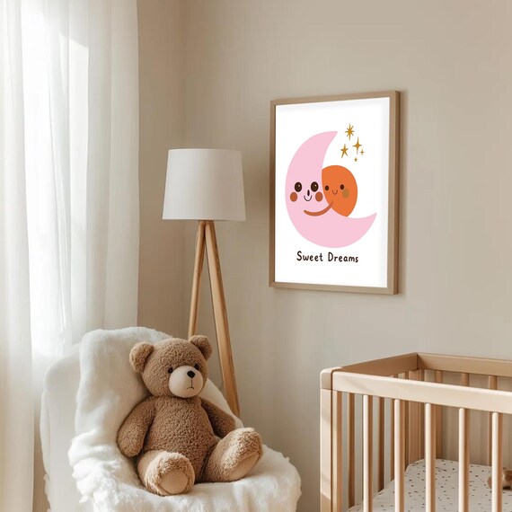 Sweet Dreams Moon and Stars Nursery Poster Cute Kids Room Decor