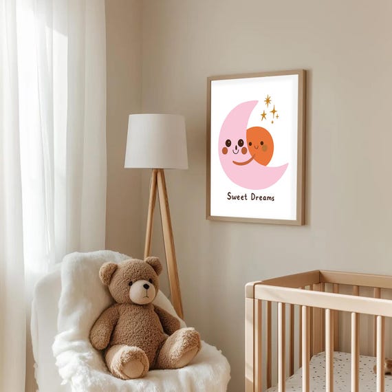 Sweet Dreams Wall Art Moon And Stars Nursery Poster Quirky Kids Room Decor Baby Bedroom Print