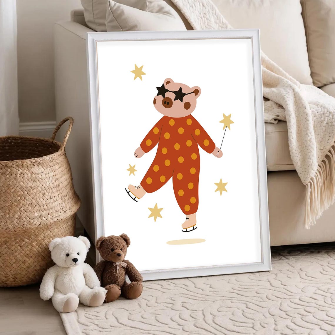 Ice Skating Bear Polka Dot Onesie Whimsical Nursery Animal Poster