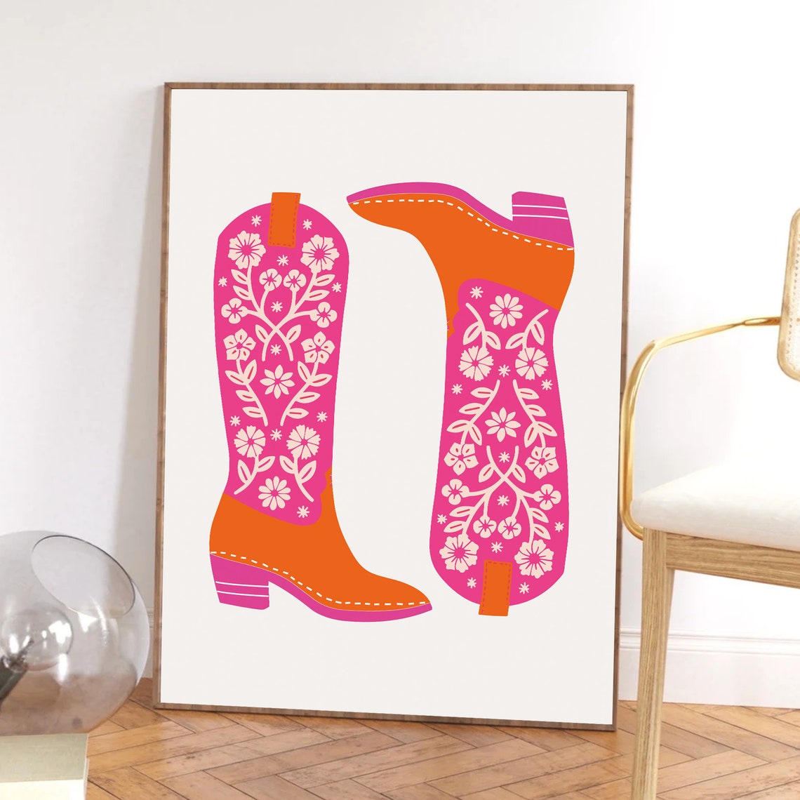 Pink Orange Floral Cowboy Boots Western Wall Decor Boot Poster