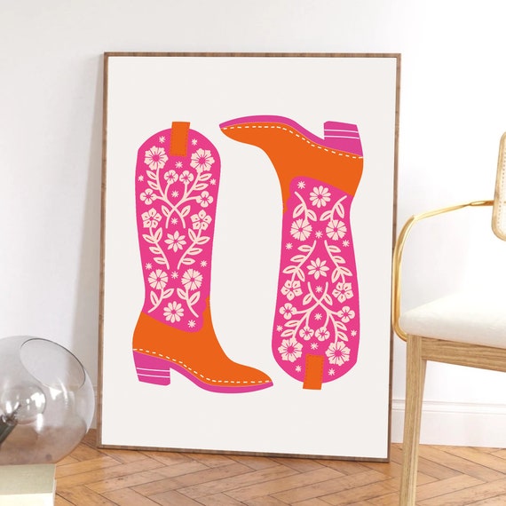 Cowgirl Boots Print Girly Apartment Decor Preppy Dorm Room Wall Art Western Retro Pink