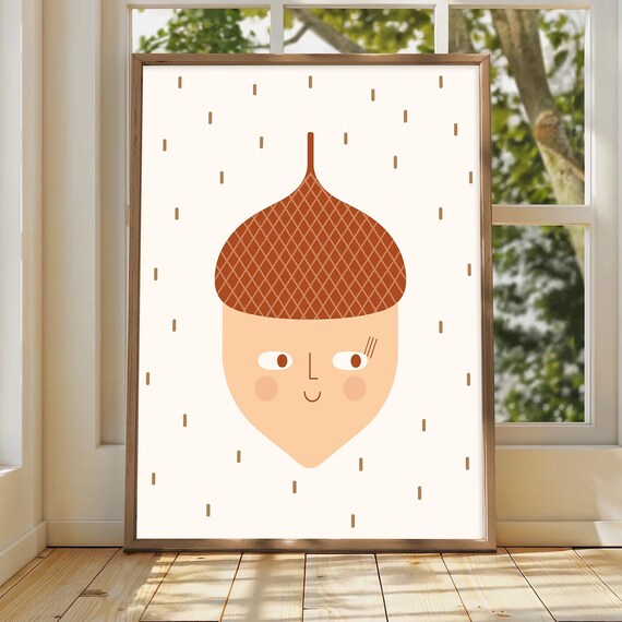 Cute Smiling Acorn Face Autumn Fall Kids Nursery Decor Poster