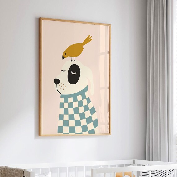 Cute Dog with Bird on Head Checkered Shirt Nursery Art Poster