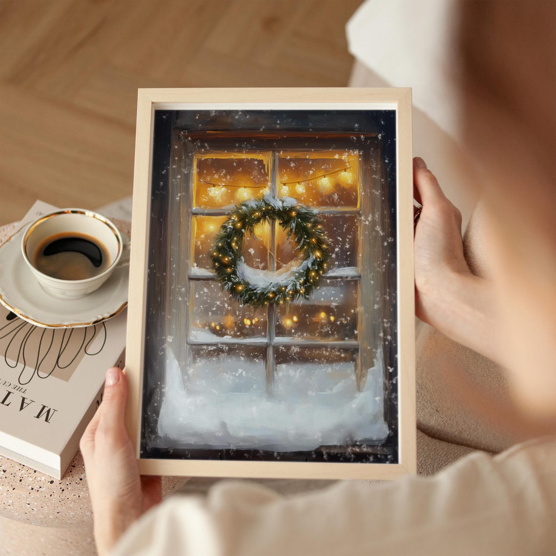 Christmas Wreath On Window Snowy Night Warm Glowing Lights Art Print - Image 3