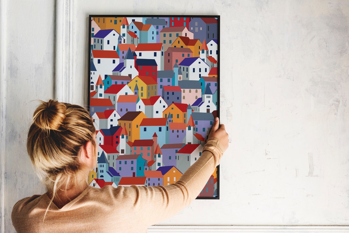 Colorful Geometric Village Houses Illustration Modern Cityscape Poster - Image 2