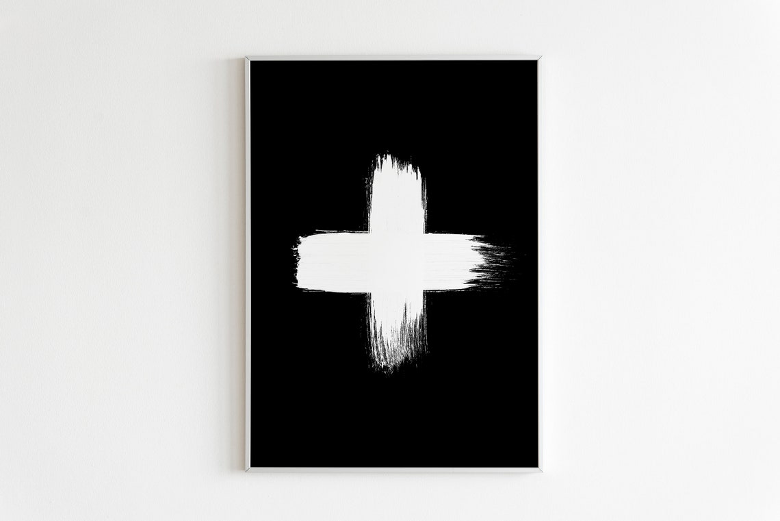 Swiss Cross Plus Sign Brushstroke Black White Minimalist Print - Image 3