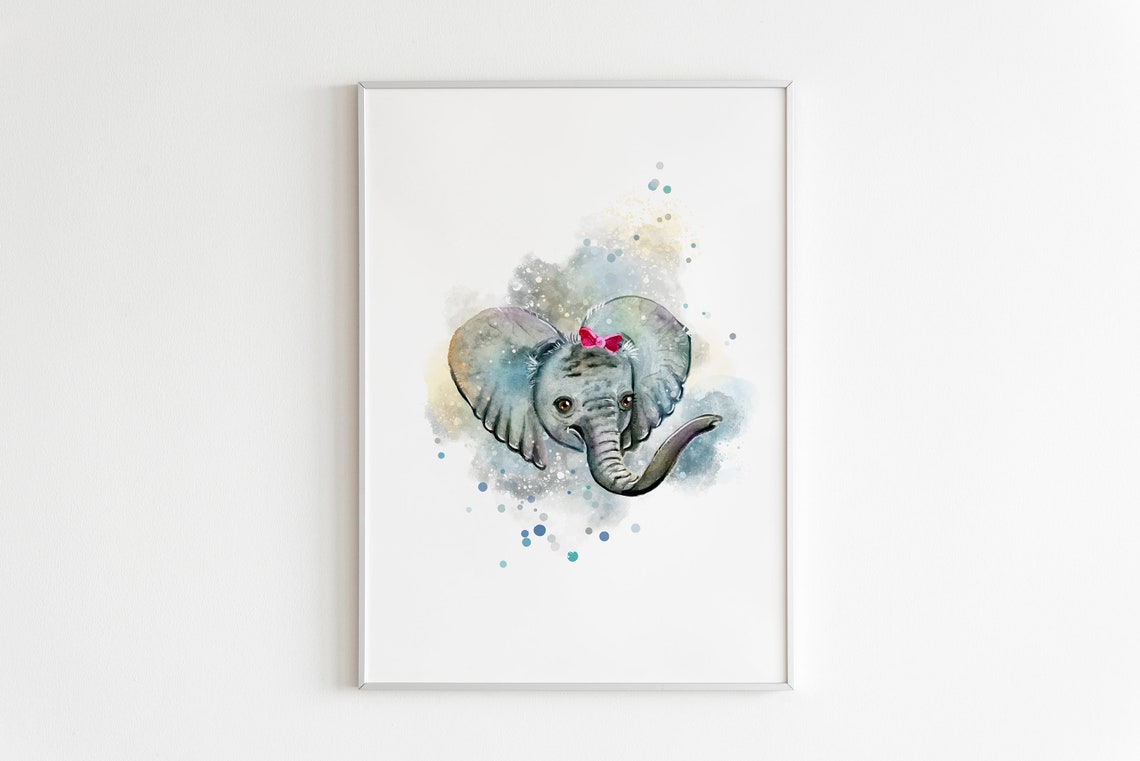 Baby Elephant Watercolor Pink Bow Framed Cute Nursery Animal Wall Art - Image 2