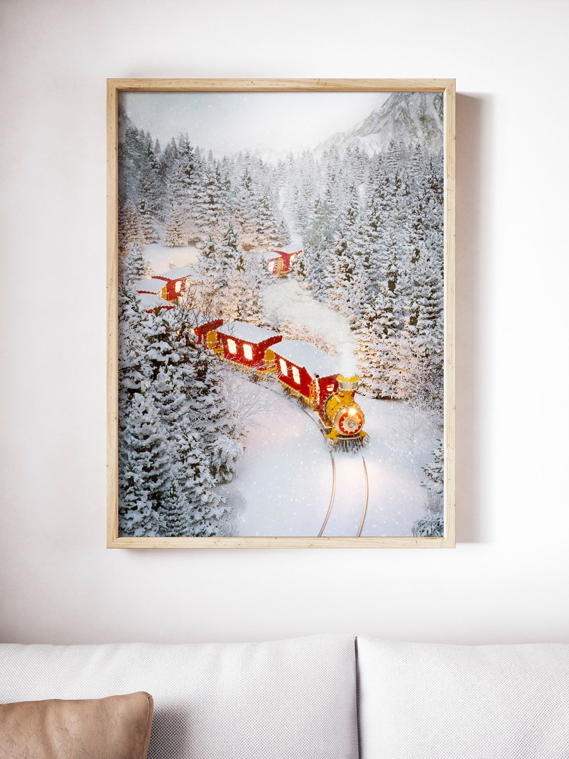 Red Steam Train Snowy Mountain Winter Christmas Express Holiday Print - Image 4