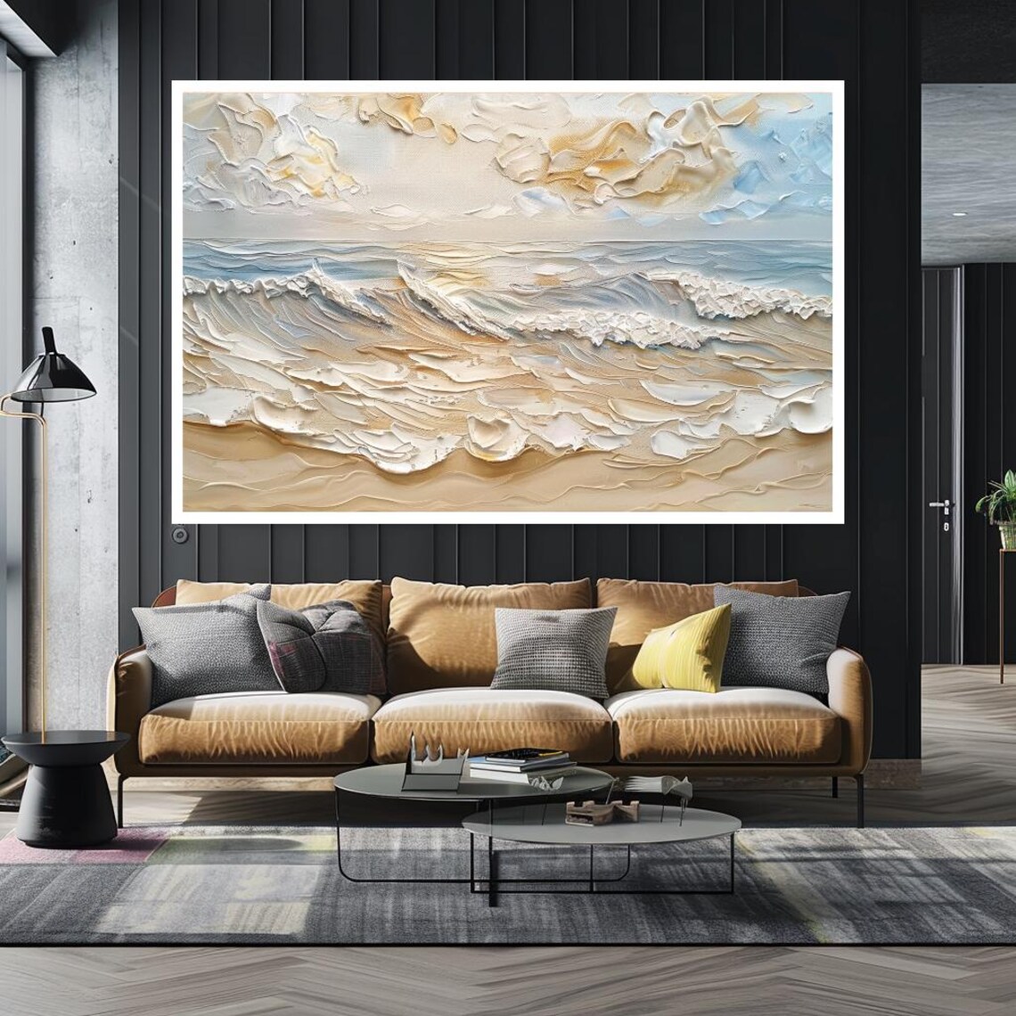 Textured Ocean Wave Painting Beige Coastal Palette Knife Art Poster - Image 3