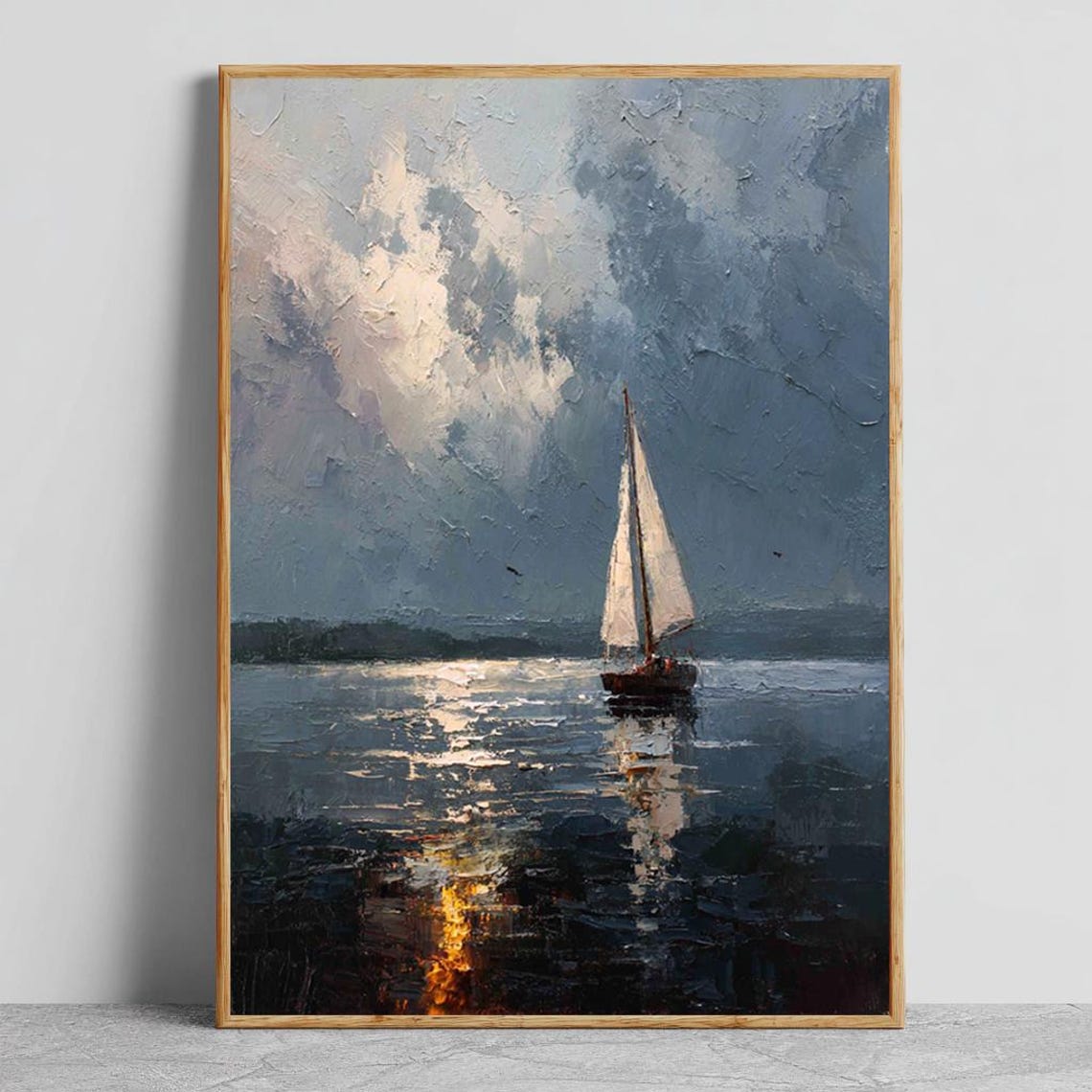 Sailboat Gliding Over Sunset Waters Moody Nautical Oil Poster