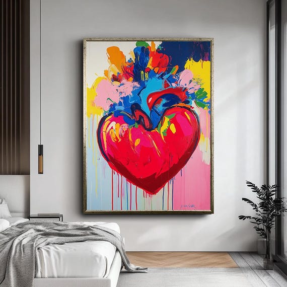 Bold Colorful Heart Wall Art Abstract Expressionist Heart Vibrant Dripping Paint Artwork Modern Love Decor Unique Heart Painting