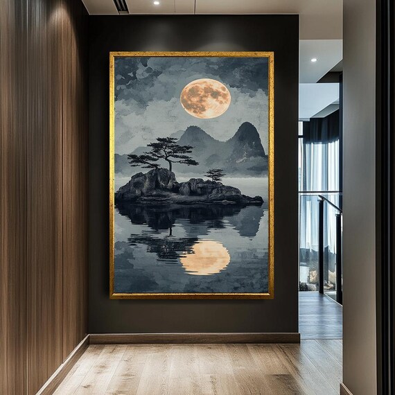 Moonlit Landscape Art Full Moon Over Lake With Mountains And Trees Serene Nature Wall Decor For Bedroom Or Living Room Zen Artwork