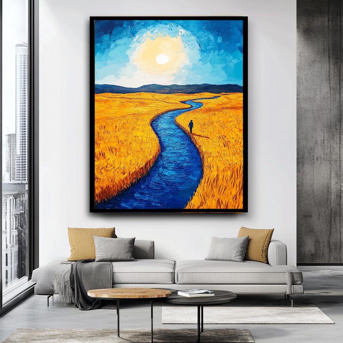 Blue River Through Golden Wheat Field Sunlit Impressionist Art Poster - Image 4