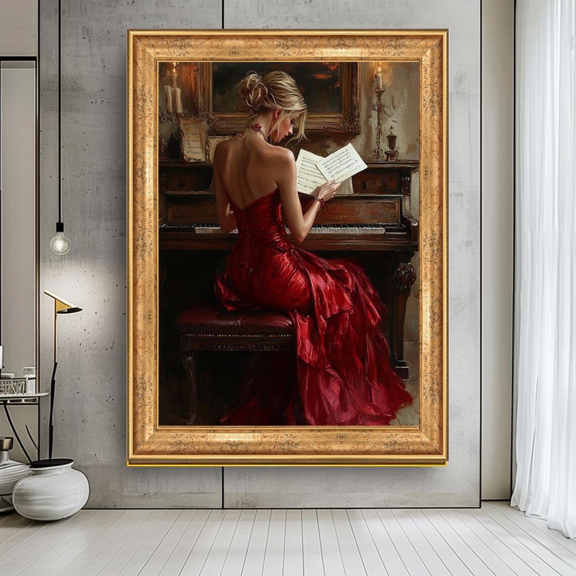 Elegant Woman Piano Red Dress Classical Music Oil Painting Art Poster