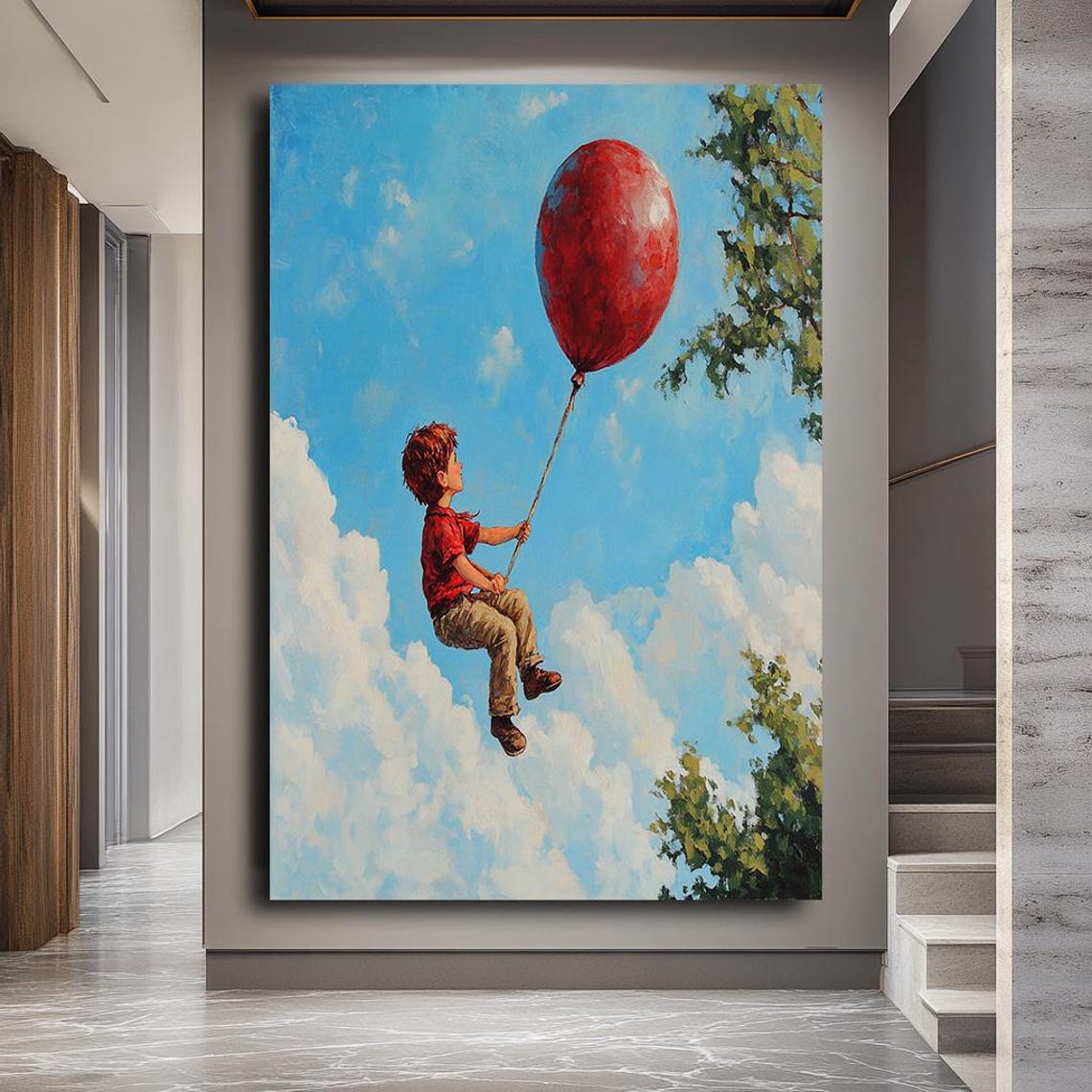 Boy With Giant Red Balloon Floating Clouds Dreamy Kids Wall Art - Image 2