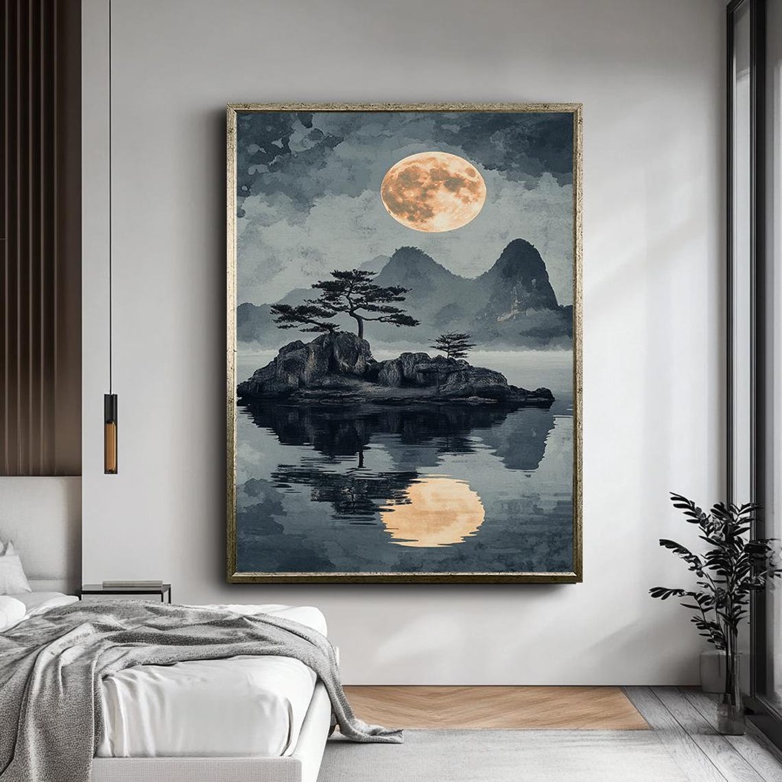 Full Moon Over Mountain Lake Pine Island Ink Wash Night Sky Poster - Image 5
